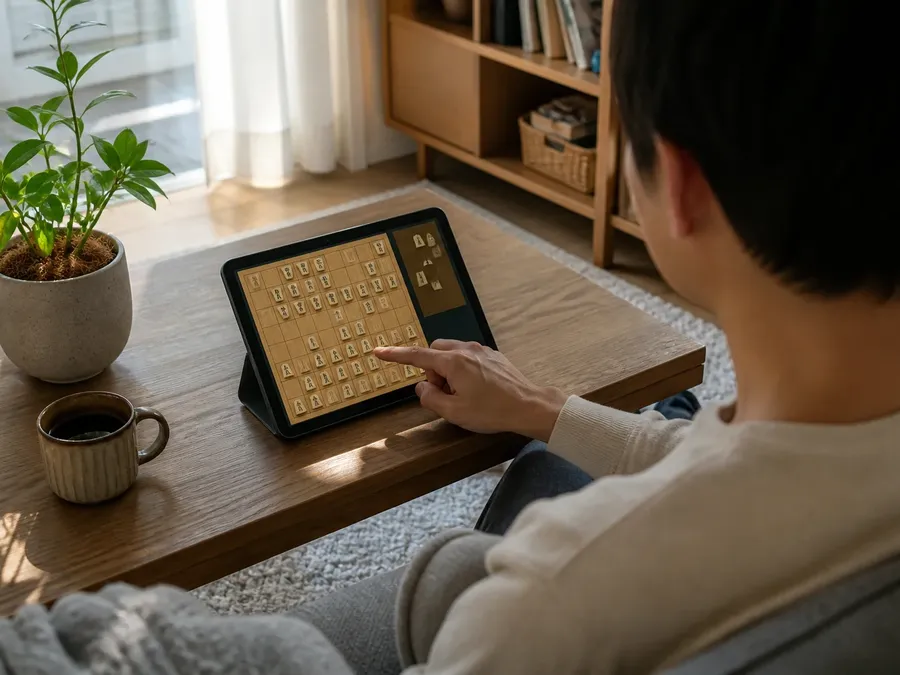 A beginner practising hon-shogi against a local AI opponent