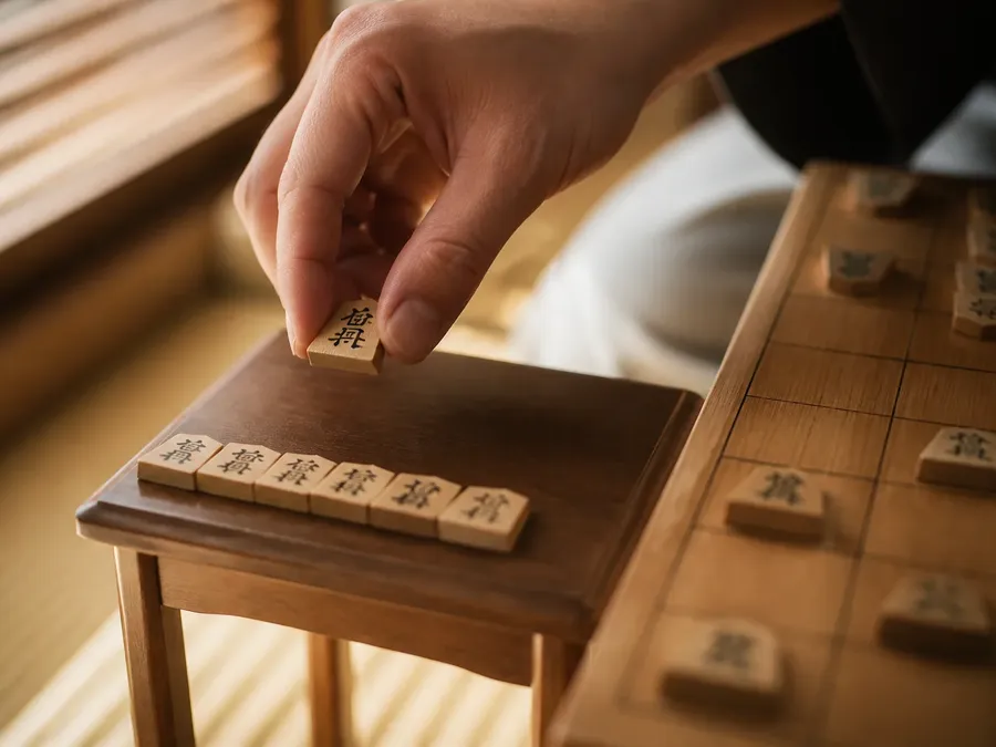 Pieces in hand beside a hon-shogi board