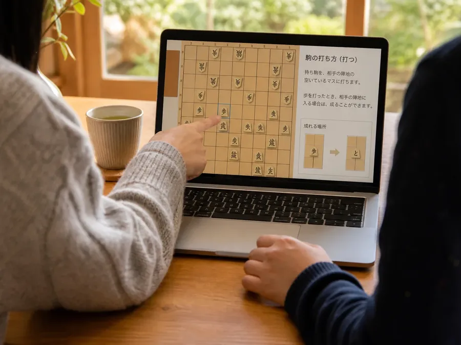 Two people sitting side by side, one pointing at a shogi board on a laptop